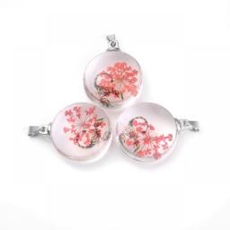 3Pcs Real Flower Butterfly Charm Transparent Round Glass Pendant Necklaces Dried Flower Necklace For Women Party Jewelry Gift