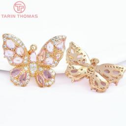 (7745) 2PCS 33x28MM 24K Gold Color Brass With Zircon Butterfly Pendants High Quality DIY Jewelry Making Findings Accessories