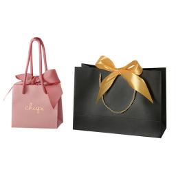 Wholesale 500pcs/Lot Custom Logo Printing Luxury Small Pink Black Fashion Shopping Retail Gift Paper Bags With Ribbon Handle