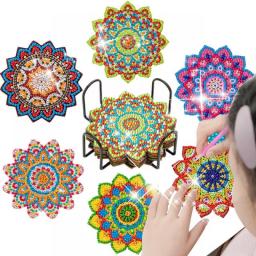 SDOYUNO 6pc/sets Mandala Pattern Diamond Painting Coaster Set Mosaic Embroidery Table Placemat Insulation Pad Home Decor Gifts