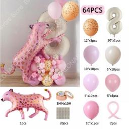 64pcs/Set Pink Cheetah  Number Leopard Printed Gold Balloon Cream Garamel Figures Baby Shower Jungle Birthday PartyDecoration