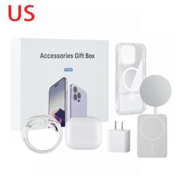 6pcs Accessories Kit For Iphone Transparent Magnetic Case Lighting Type C Magsafe Charger USB-C Adapter Wireless BT Earphones