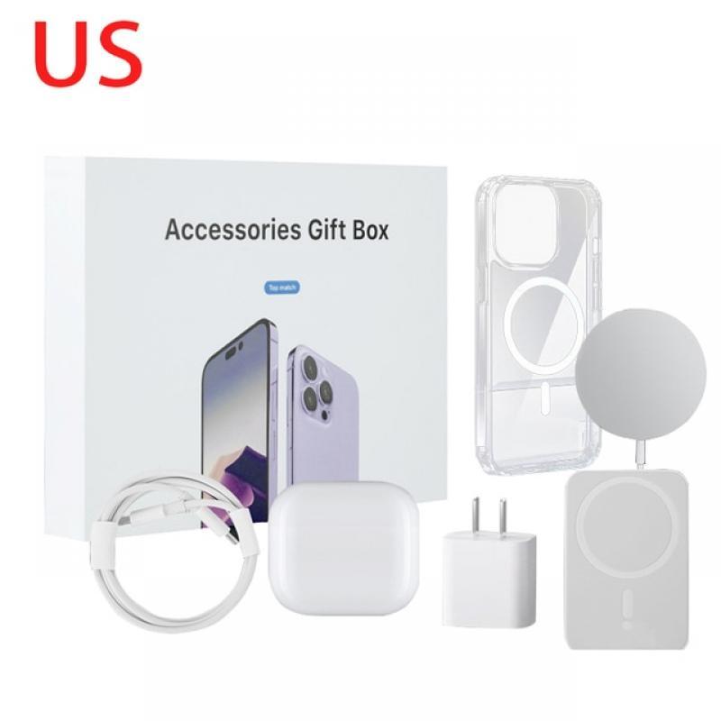 6pcs Accessories Kit for Iphone Transparent Magnetic Case Lighting Type C Magsafe Charger USB-C Adapter Wireless BT Earphones
