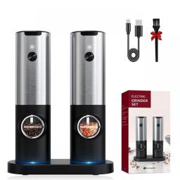 Rechargeable Electric Salt And Pepper Grinder Set With Charging Base Stainless Steel Automatic Salt Pepper Grinder Spice Mill