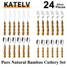 24Pcs Dinnerware Sets Original Nature Bamboo Handle Cutlery Stainless Steel Knife Fork Spoon Purely Natural Bamboo Tableware Set