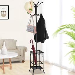 8 Hook Coat Hat Rack/Tree With Umbrella Holder, Black Coat Rack  Clothes Rack Stand  Living Room Furniture  Home Furniture