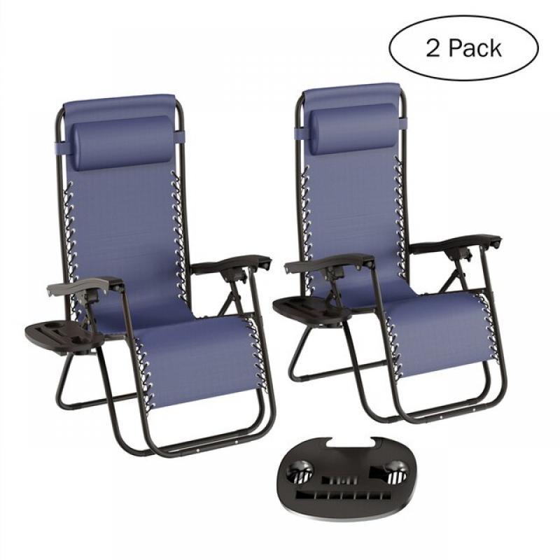 Zero Gravity Lounge Chairs- Set of 2- Navy Blue Folding Anti-Gravity Recliners- Side Table, Cup Holder & Pillow-For Outdoor Loun