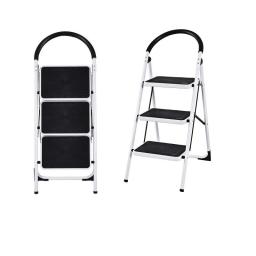 3 Step Ladder Folding Step Stool Ladder, Sturdy Steel Ladder With Wide Pedal 330 Lbs Capacity,White+Black