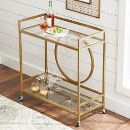 Mid-Century Metal & Glass Bar Cart With Casters, Gold Finish (US Stock)