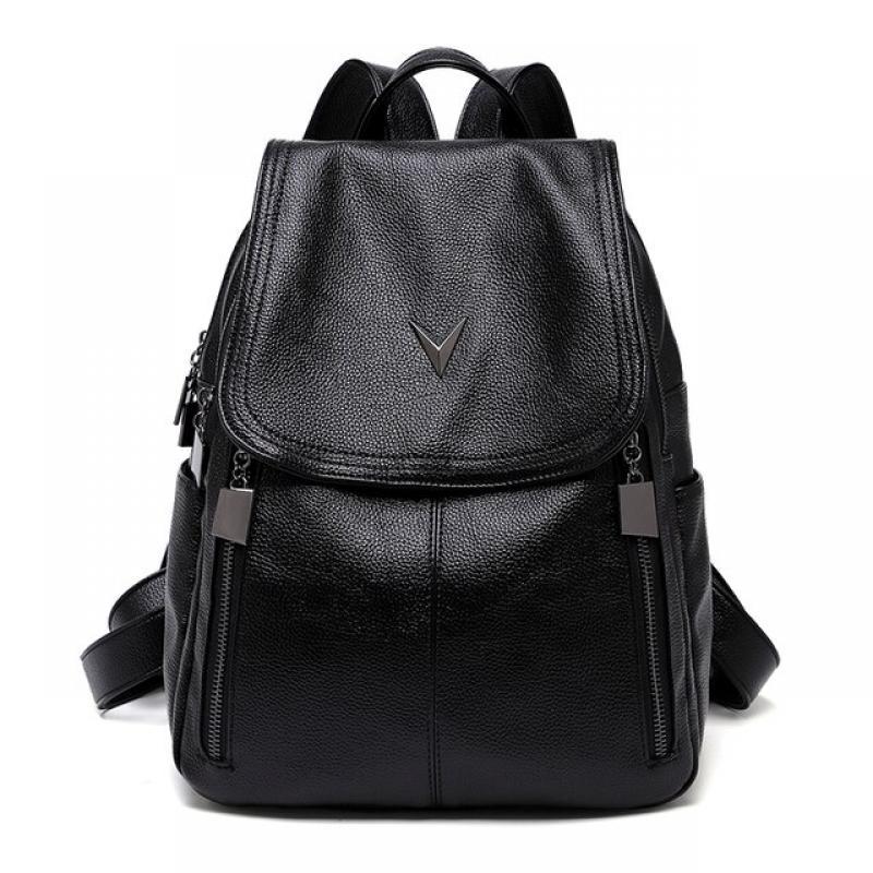 Black Backpack Women Soft Genuine Leather Vintage Travel Bag Ladies Anti-theft Backpacks Large Capacity Foldable Backbag Fashion