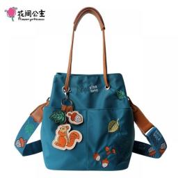Flower Princess Nutshell Women's Original Embroidery Fashion Waterproof Shoulder Bucket Bag Female Handbags Wide Strap Bags