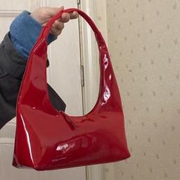 Small Scallop Lacquered Handbag Retro Bright Shoulder Trend Bag Autumn Winter New Style Armpit Crescent Red Black