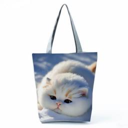 Eco Reusable Shoulder Bag Handbags For Women Travel Beach Tote Casual Cute Cartoon Animal Snow Cat Print Shopping Bags Portable
