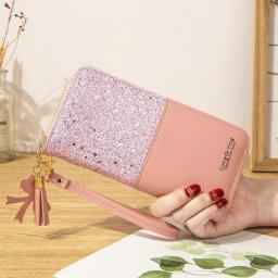 Women's Wallet Long Sequin Stitching Zipper Coin Purses Female Solid Color Tassel Wristband Clutch Mobile Phone Bag Card Holder