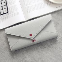 2022 Women Embroidered Heart Wallets Female Three Fold Hasp Coin Purses Ladies Solid Color Long Soft Pu Leather Money Clip