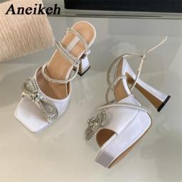 Aneikeh Shiny Crystal Butterfly-knot Buckle Strap Women Sandals Fashion Sexy Square Toe Platform Super High Heels Party Wedding