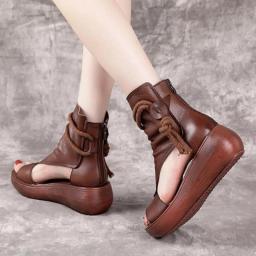 Comemore Women Summer Roman Sandals Boots 2022 Mid Heels Wedges Shoes Ladies Vintage PU Leather Sandalias Mujer Sapato Feminino