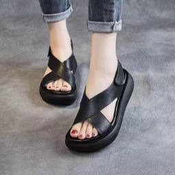 Women's Open Toe Sandals Summer Retro Fish Mouth Round Head Cross Strap Slippers Outdoor Walking Platform Shoes Zapatos Mujer