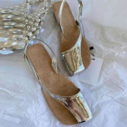 2023 New Silver Clip Toe Sandals Versatile Casual Women's Half Wrap Open Toe Flat Sandals Fashion Hollow Out Women's Shoes