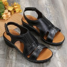 Summer Ladies Wedge Sandals Velcro Stitching Hollow Thick Bottom Heel Lightweight Large Size Open Toe Casual Beach Sandals