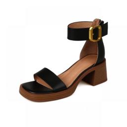 Brand Genuine Cow Leather Sandals Block Mid Heels Women Roma Sandals Open Toe Retro Buckle Sandals Ankle Strap 2023 Trend