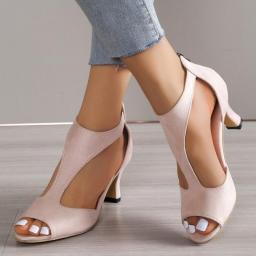 Sandals Woman Summer 2023 Round Toe Fish Toe Stiletto Sandals Social Shoes Medium Heel Roman High Heels Plus Size Party Elegant