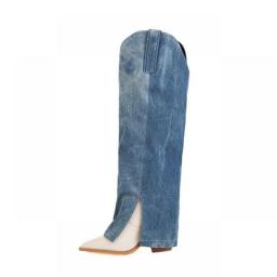 ASILETO New Fashion Tube Knee High Boots Pointed Toe Wedge Block Heel Denim Zipper Plus Size 34-43 Blue Patchwork Winter S2654