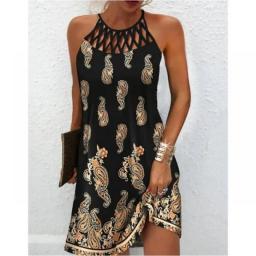 Summer 2022 Womens Elegant Round Neck Vintage Cutout Neck Sleeveless Halter Print Dress Hollow Out Floral Sexy Party Dress Femme