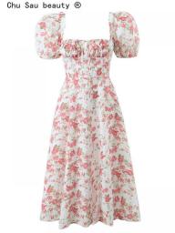 2023 Women Spring Summer New Vintage Fashion Puff Sleeve Floral Print Slim Square Collar Side Slit Long Midi Dress