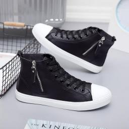 New Style Black High-Top Side Zipper Men's Shoes Fashion Microfiber Leather Sports Casual Shoes Classic White Shoes PU