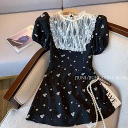 French Black Lace Floral Dress Women 2023 New Summer Patchwork Puff Sleeve Retro Mini Dress Female Korean Fashion Slim Dresses