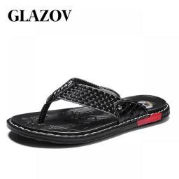 GLAZOV Brand Men's Flip Flops Genuine Leather Luxury Slippers Beach Casual Sandals Summer For Men Fashion Shoes New 2019 New