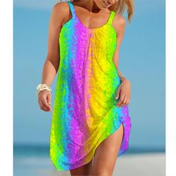 Rainbow Painting Print Women's Fashion Dress Midi Summer Sexy Beach Dress Bohemian Sleeveless Party Dresses Elegant Sundress Hem