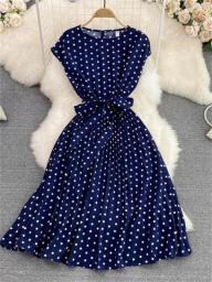 Polka Pot Pleated Dress For Women Elegant Lace Up O Neck Sleeveless Chic Dresses Summer 2023 New A Line Party Dress