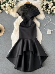 2023 Black Dress Women High Waisted Lace Ruffles Short Sleeve O Neck Summer Dresses Fashion Elegant Party Sexy Dress