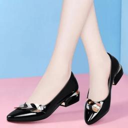 Women Dress Shoes Patent Leather Mid Heel Pumps Fashion Shoes Pointed Toe Slip On Office Ladies Shoes Zapatos Black Women Shoes