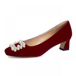 French Wedding Shoes Women's Thick Heel Red 2022 Autumn New Square Head Rhinestone Suede High Heels Bridal Wedding Shoes Women