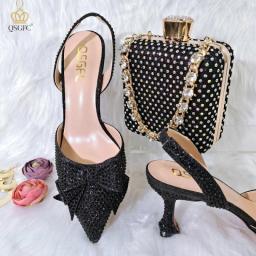 QSGFC New Arrival Italian Design Elegant Black Color Women Shoes And Bag Set For Party High Quality Lady Occasion Shoes