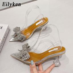 Eilyken 2023 Spring Crystal Sequined Bowknot Silver Women Pumps Low High Heels PVC Transparent Sandals Party Wedding Prom Shoes