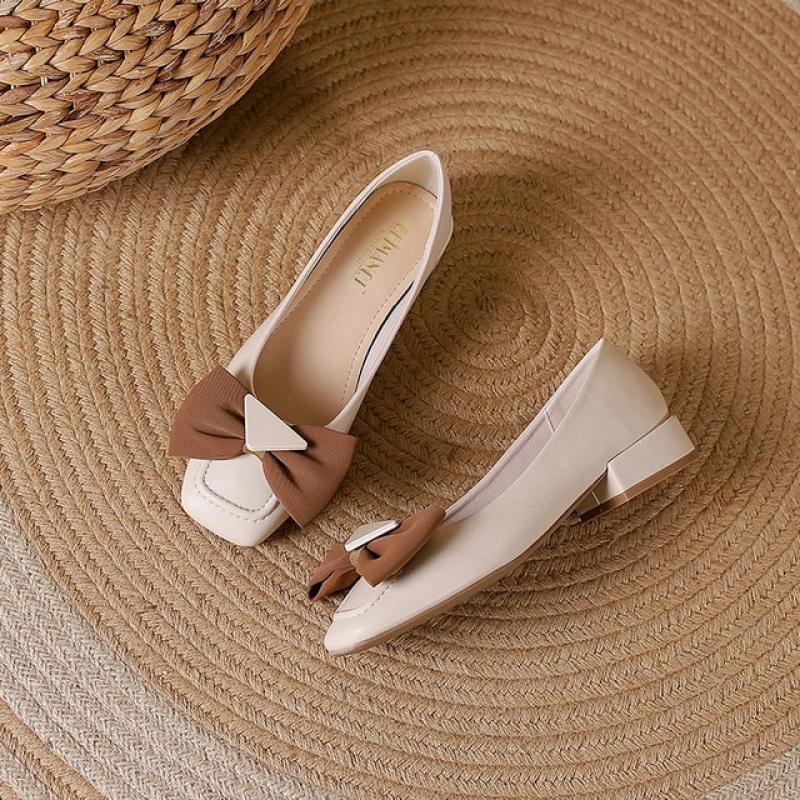 Girls' Style Bow Thick Heel Women's Shoes 2022 Simple Square Toe Low-heeled Shoes Women's Casual Shallow Mouth Mary Jane Shoes