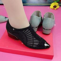 Mesh Hot Drill Breathable Deep Mouth Single Shoes Women's New Pointed Toe Thick Heel Fashion Comfortable All-match Women's Shoes