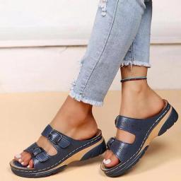 Fashion Double Buckle Wedge Slippers Women Summer 2023 Brown PU Leather Platform Sandals Woman Casual Non Slip Beach Flip Flops
