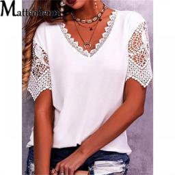 Fashion Lace Hollow Out Splicing Short Sleeve Tops Women's Summer Casual Commuter Comfortable Cotton V Neck Loose T-Shirt Female