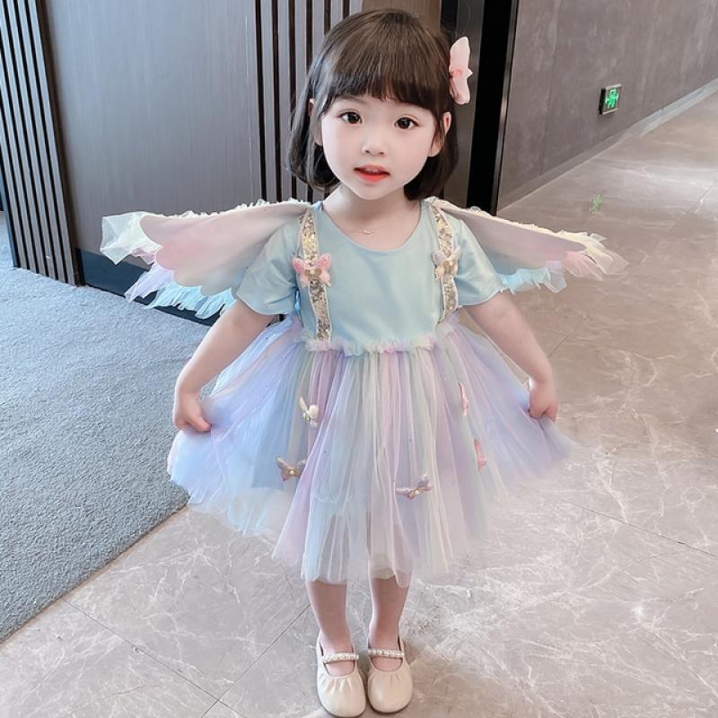 Baby Girls Summer Dress Kids Clothing Winged Rainbow Lace Voile Mesh Princess Dress 1-8 Years Children Birthday Party Dresses