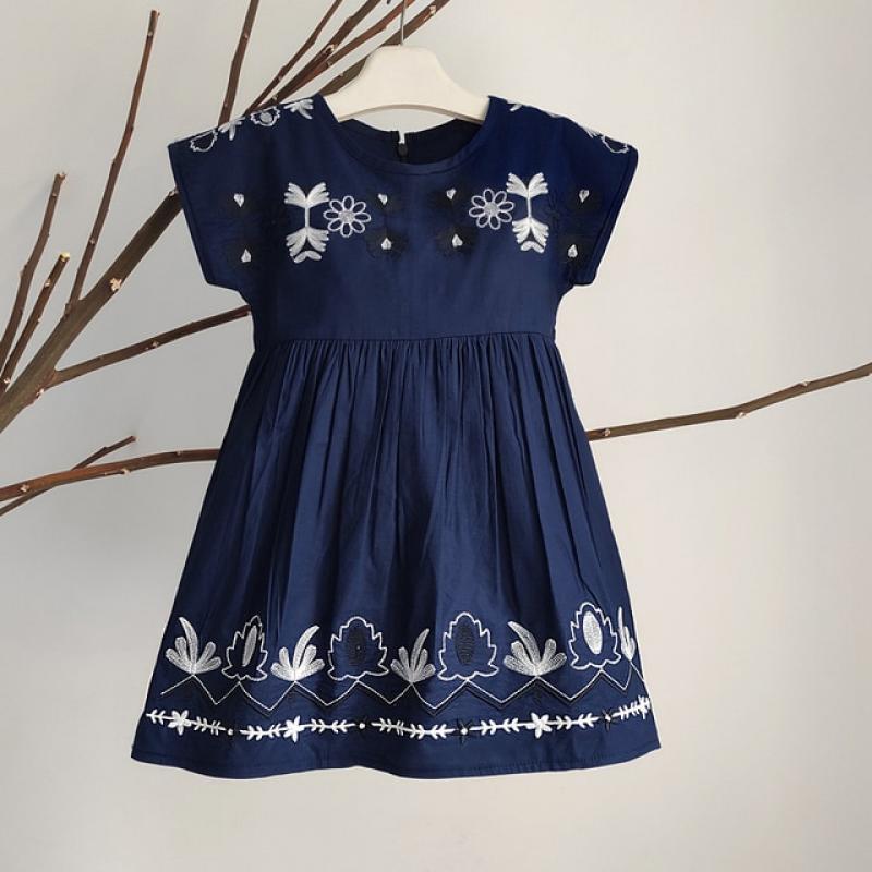 Baby Girls Cotton Embroidered Dress Kid Casual Dresses For Girls Summer Clothes Blue Korean Cute Party Princess Dress 2-6Years
