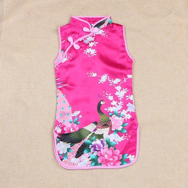 Cheongsam Dress Baby Girl Qipao Summer Clothes Peacock Sleeveless Slim Traditional Dress Child Girls Clothes Chinese Style