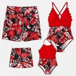 PatPat Family Matching Allover Plant Print Swim Trunks And Scallop Trim One-piece Swimsuit