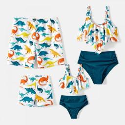PatPat Family Matching Allover Dinosaur Print Swim Trunks And Ruffle Trim Two-piece Swimsuit