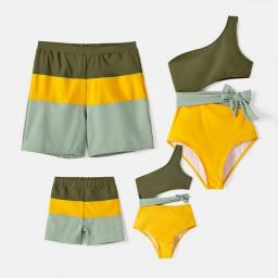PatPat Family Matching Colorblock One Shoulder One-piece Swimsuit And Swim Trunks