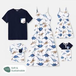 PatPat Family Matching Outfits Allover Dinosaur Print Cami Dresses And Short-sleeve T-shirts Sets